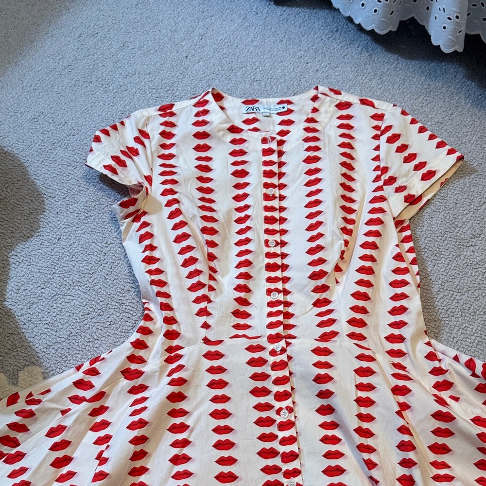 Zara White Dress with Red Lip Pattern